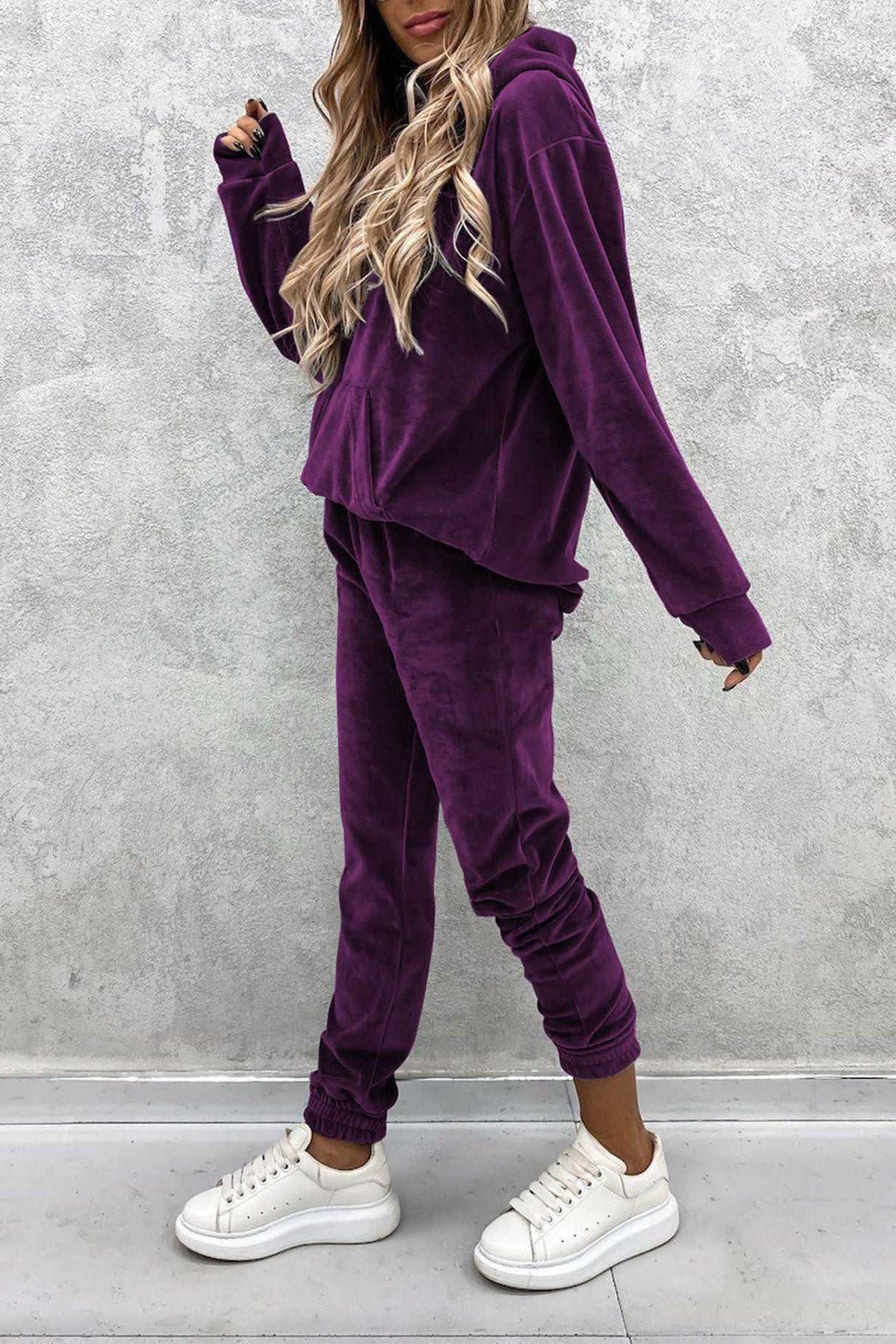 Velour Solid Color Hoodie Long Pants Set