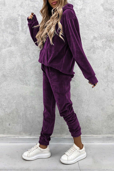 Velour Solid Color Hoodie Long Pants Set