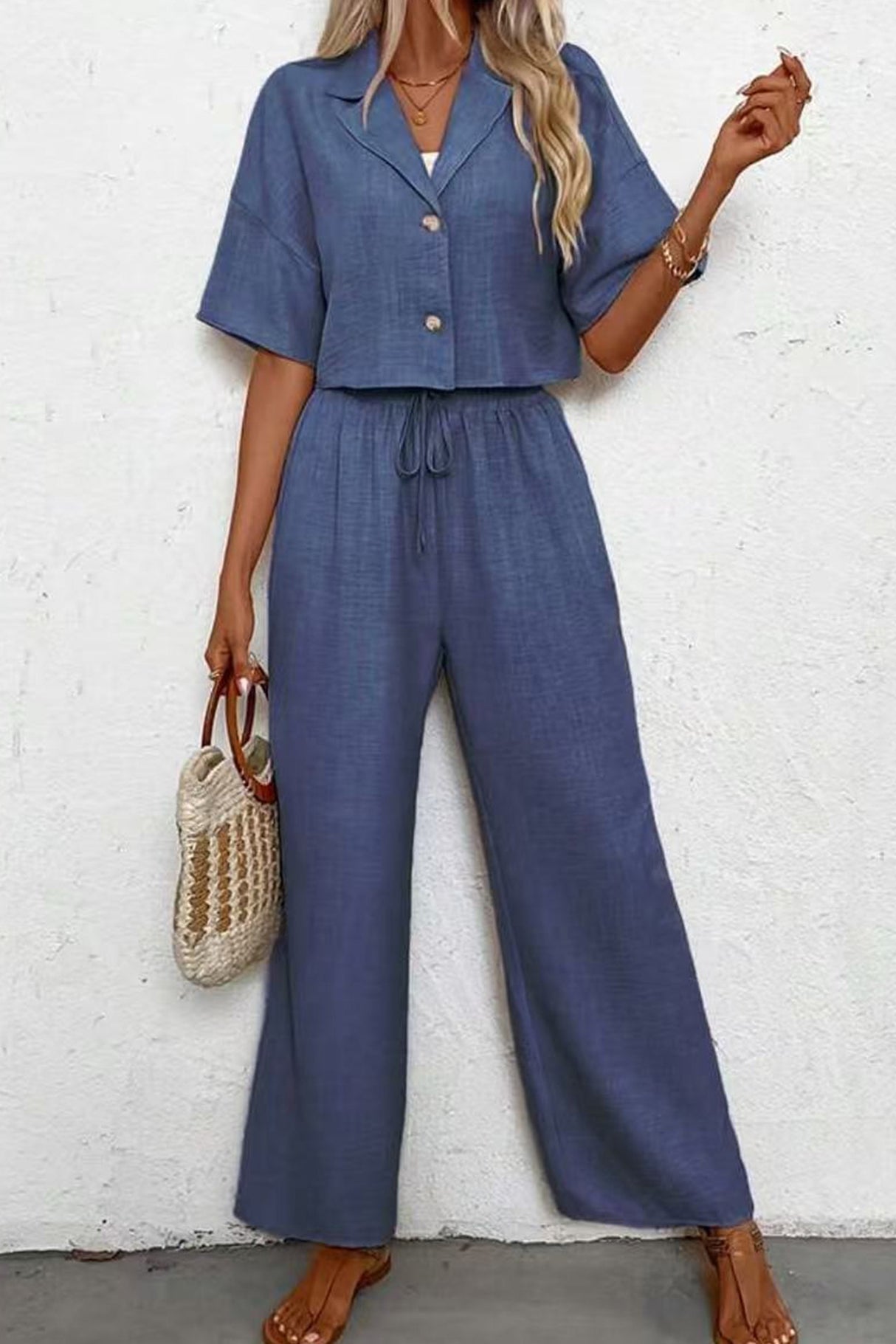 Button-down Crop Shirt Long Pants Set