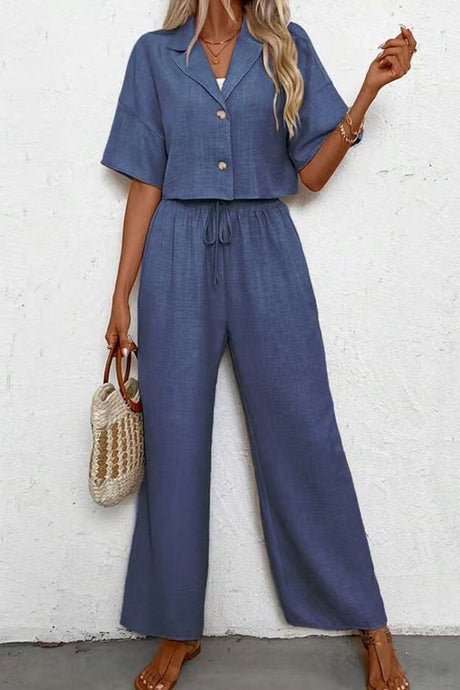 Button-down Crop Shirt Long Pants Set