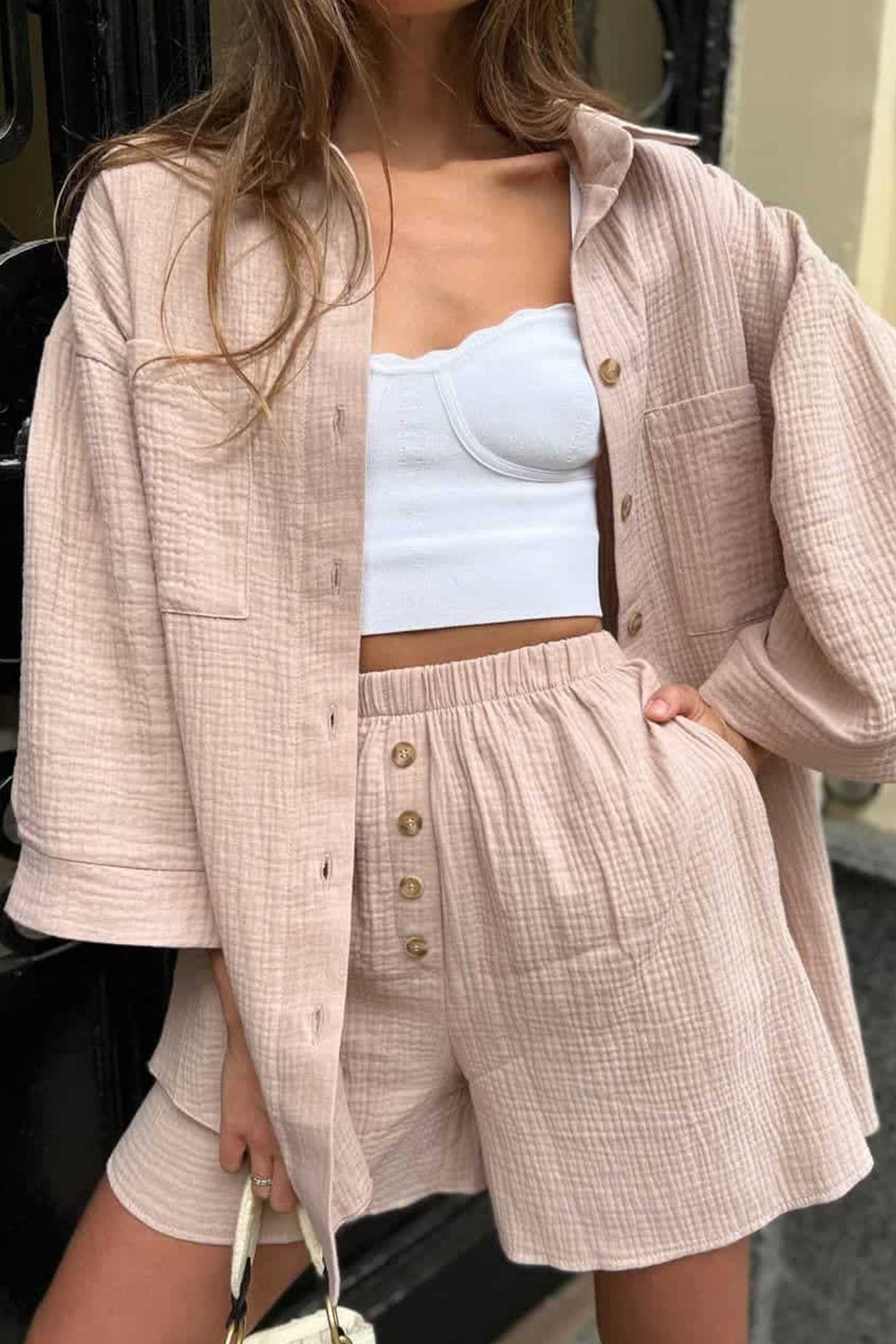 Single-breasted Three-quarter Sleeve Shirt Set