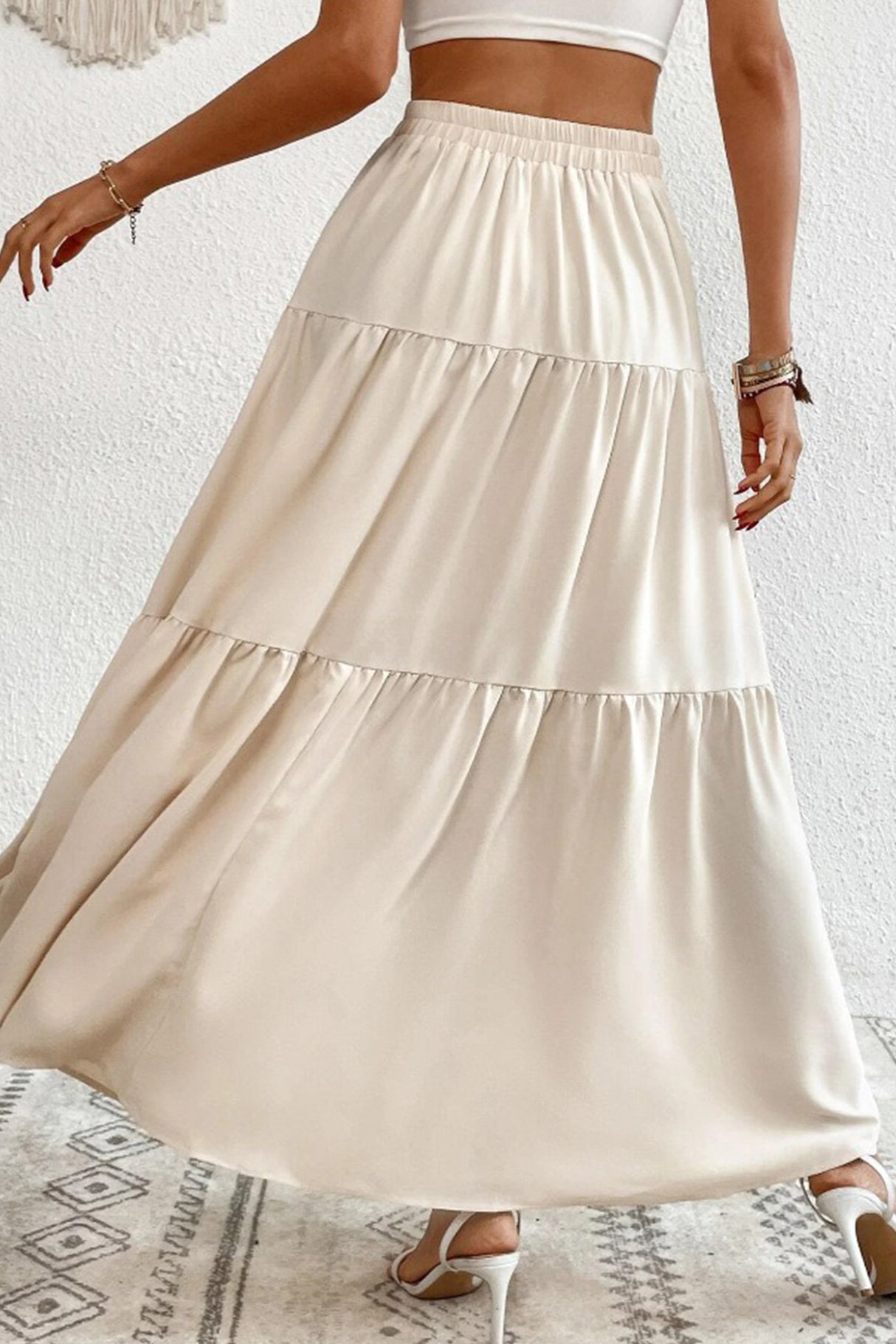 Single-breasted Solid Color Tiered Maxi Skirt