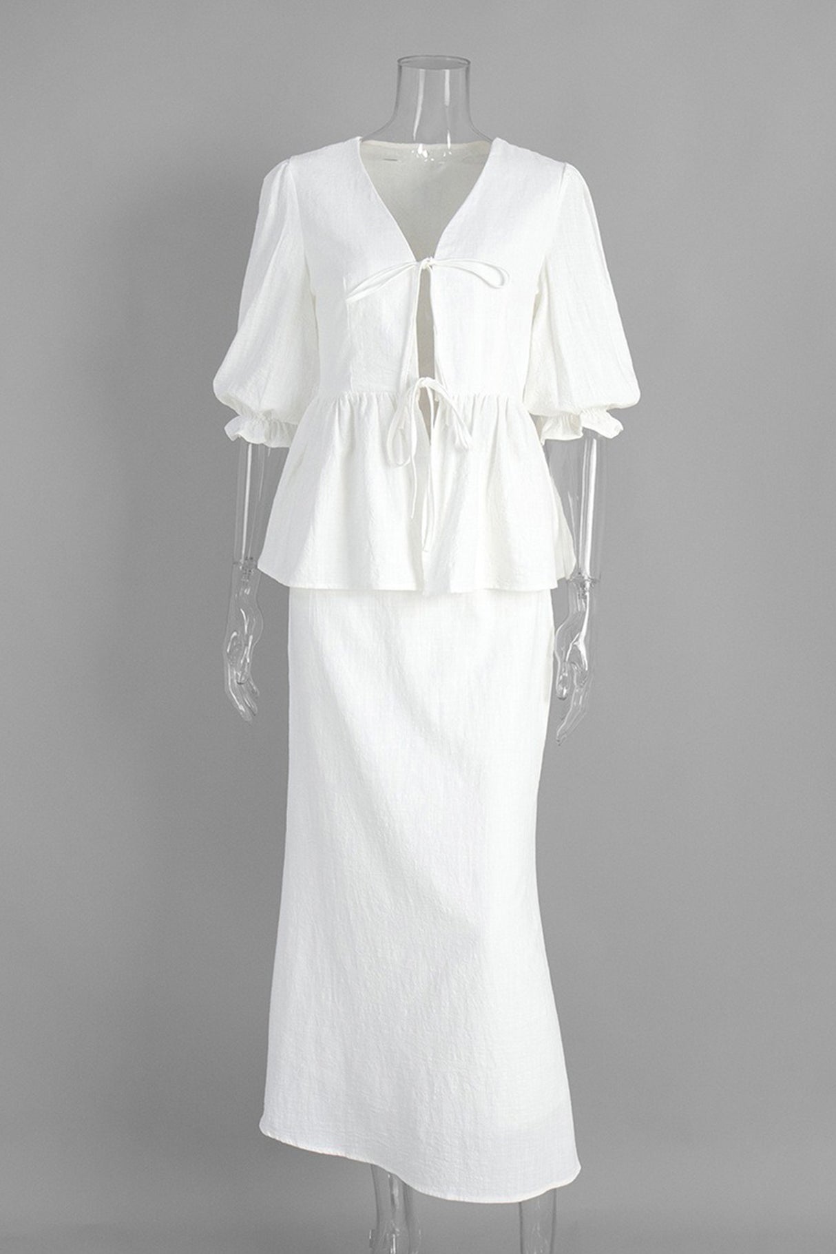 Puff Sleeve Tie-up Ruffle Cotton Shirt Skirt Set