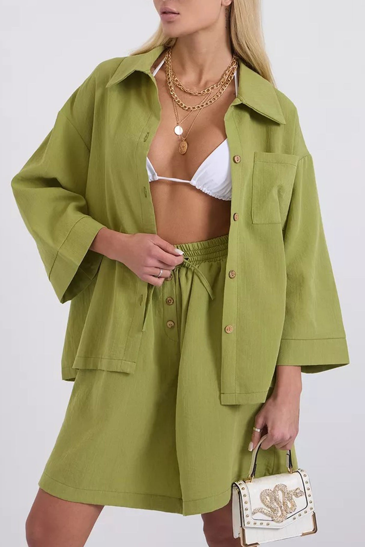 Solid Color Shirt Single-breasted Bermuda Shorts Set