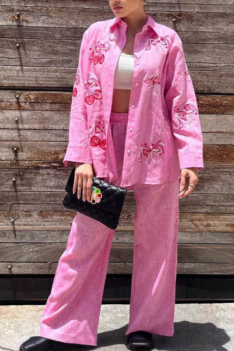 Embroidery Long Sleeve Two-piece Blouse Set