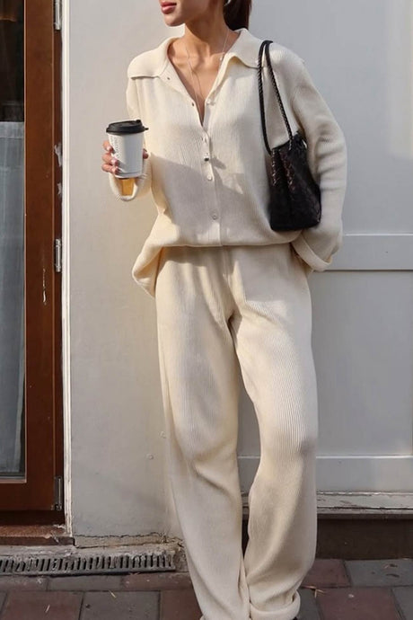 Lapel Button-down Ribbed Knit Two-piece Set