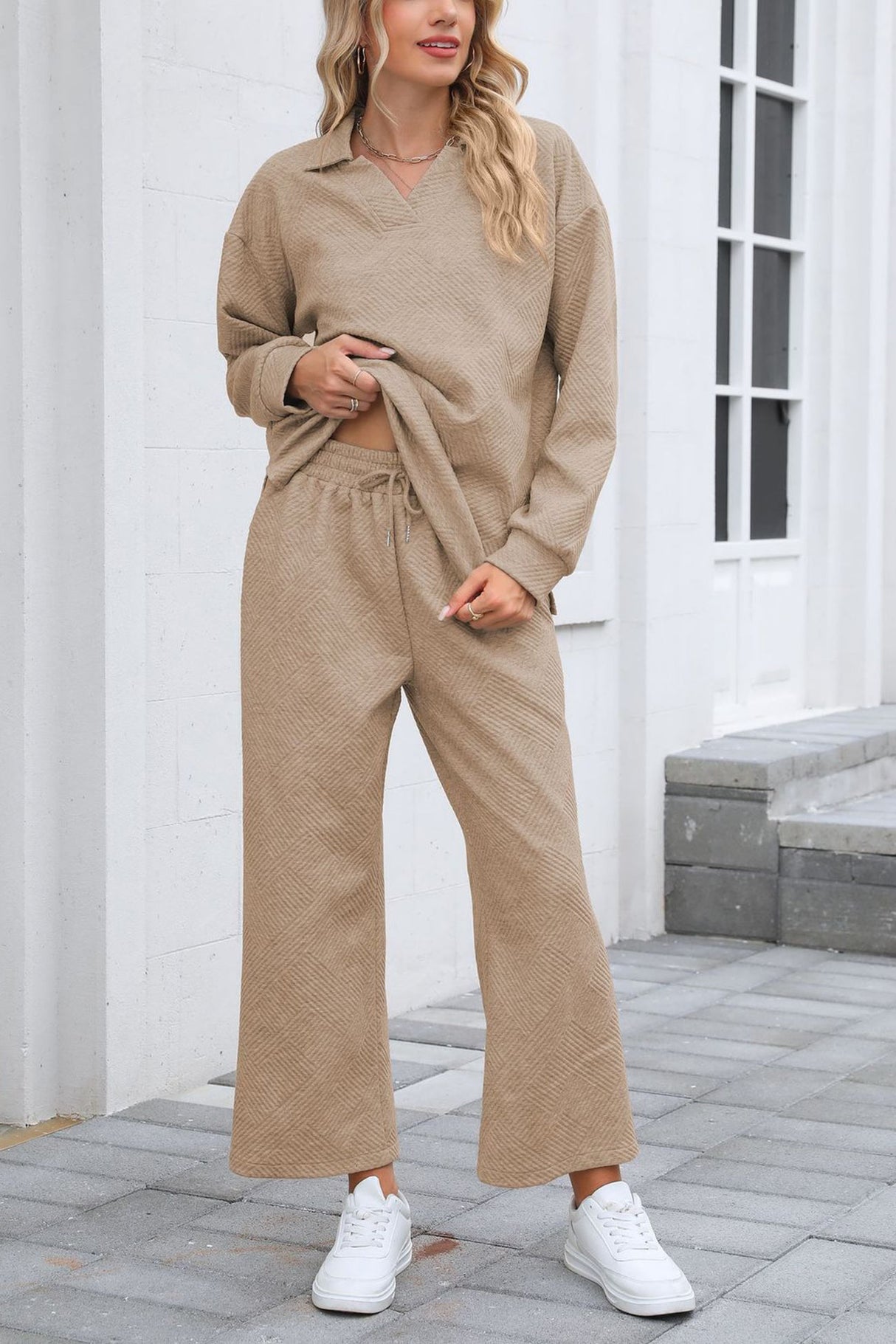 Lapel Long Sleeve Textured Sweashirt Set