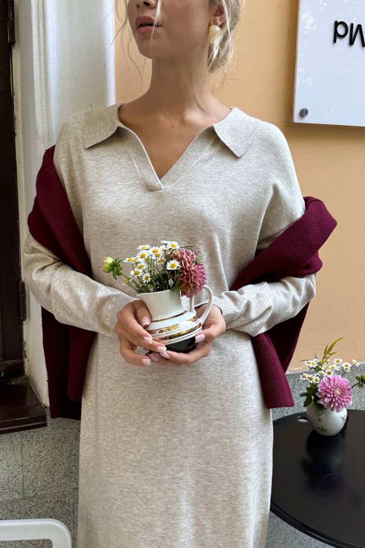 Lapel Long Sleeve Loose Knit Dress