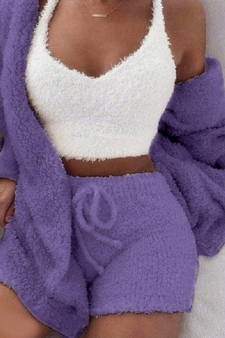 Plush Open-Front Hoodie Vest Three Piece Shorts Set