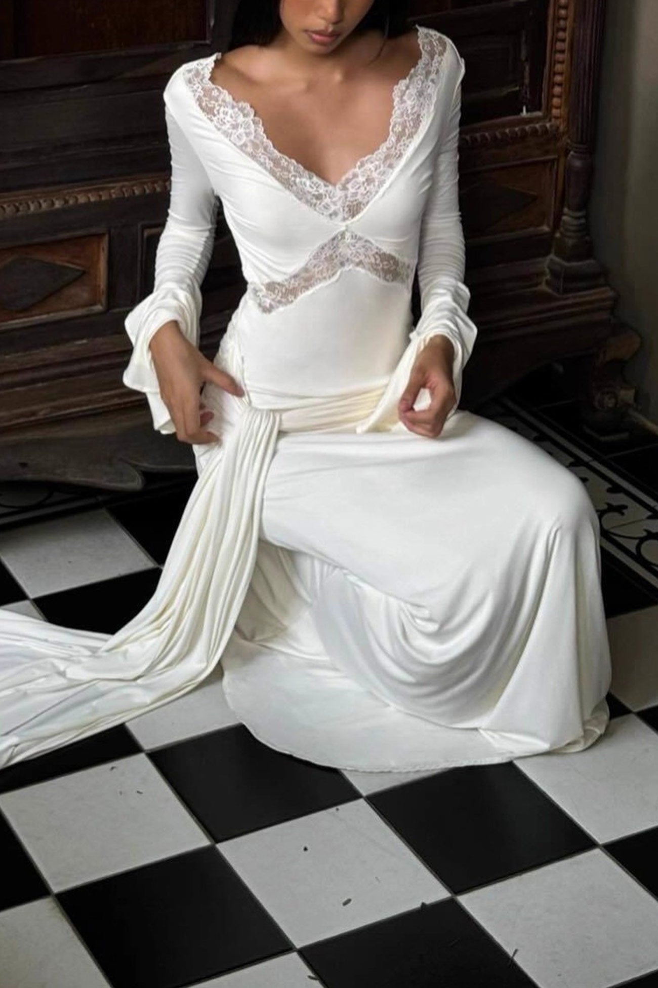 Lace Patchwork Flare Sleeve Tie-up Maxi Dress