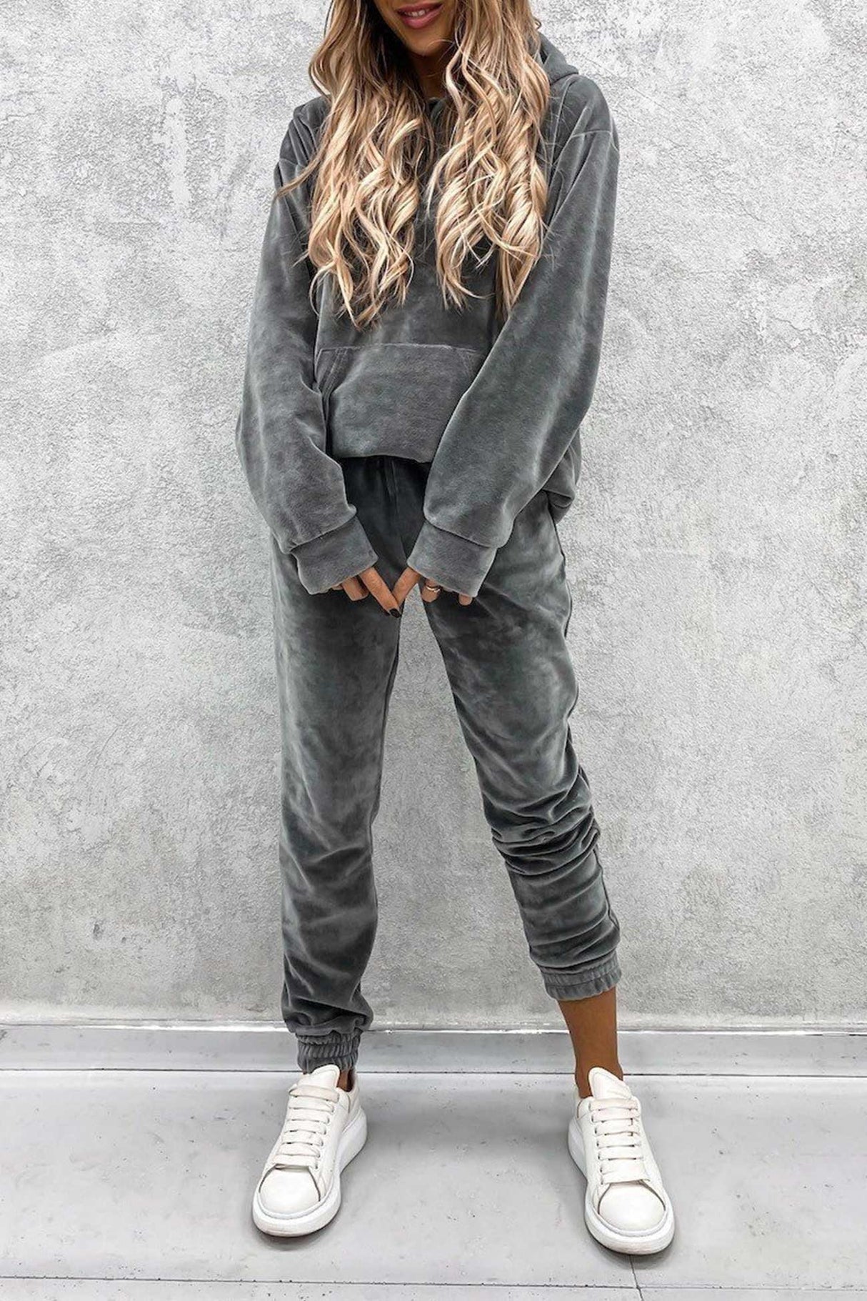 Velour Solid Color Hoodie Long Pants Set