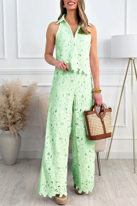 Lapel Hollow Out Lace Vest Pants Set