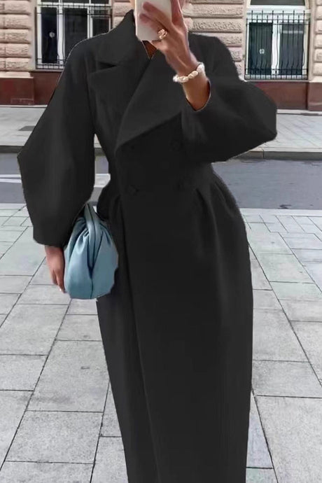 Lapel Lantern Sleeve Button-down Long Coat