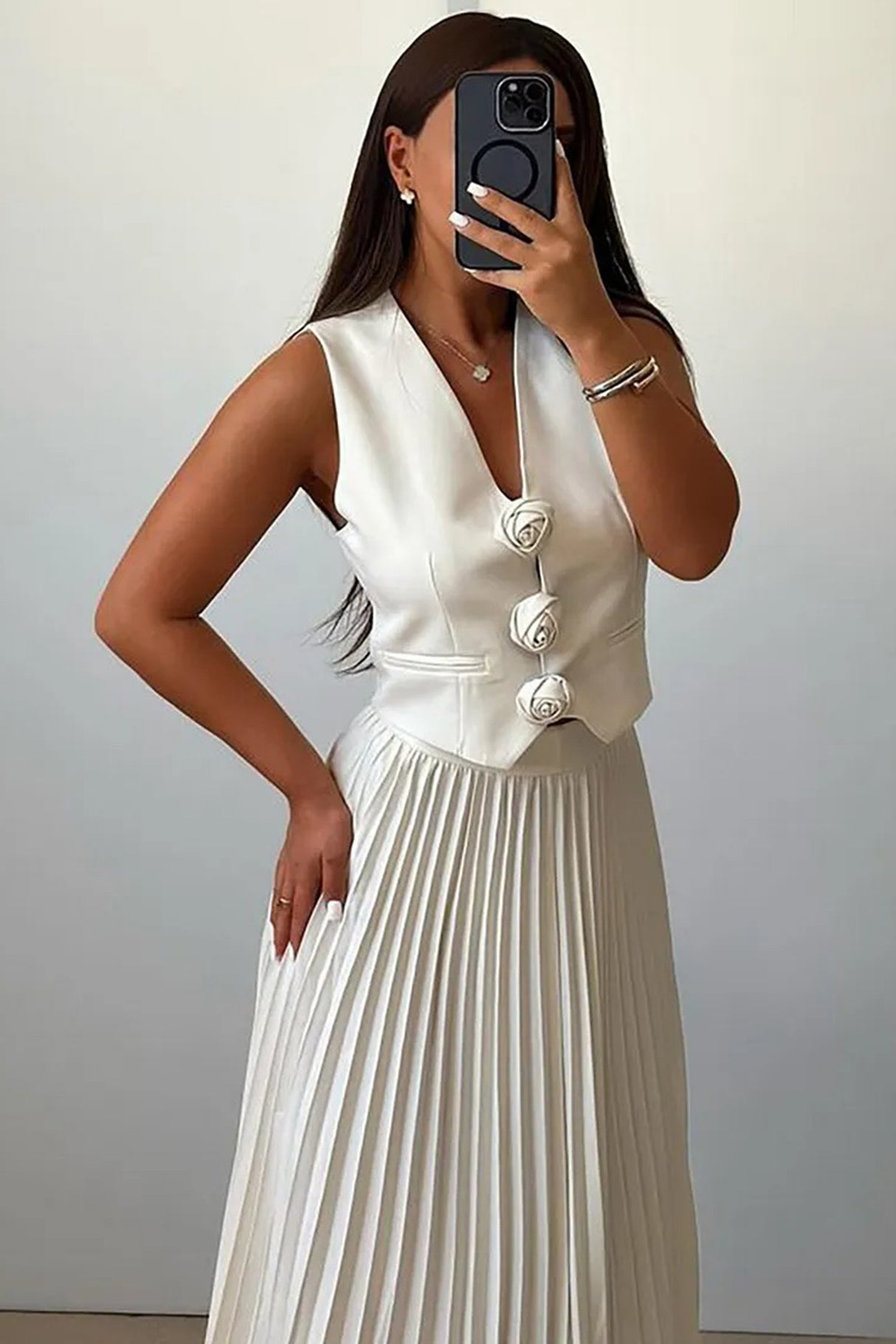 3D Floral Vest Pleated Maxi Skirt Set