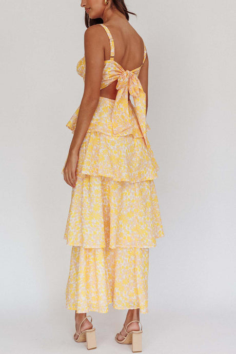 Arolora Floral Print Tie-up Tiered Midi Dress