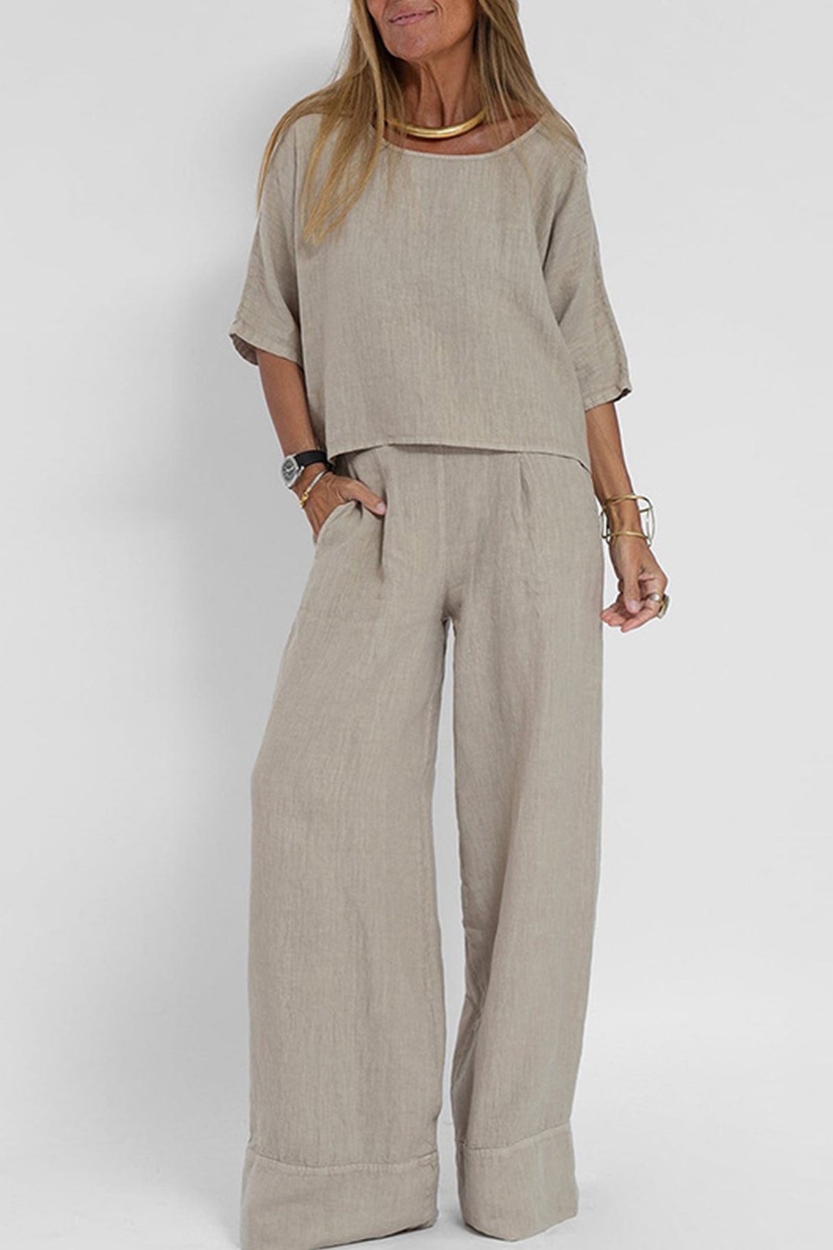 Arolora Solid Color Half Sleeve Cotton Shirt Pants Set