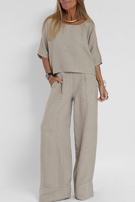 Arolora Solid Color Half Sleeve Cotton Shirt Pants Set