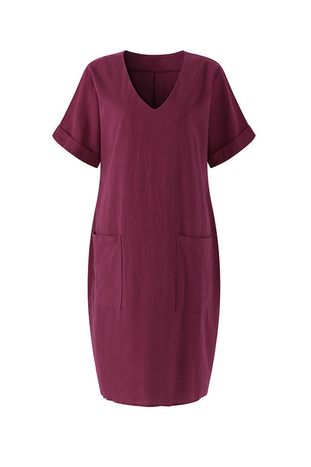 Arolora V-Neck Short Sleeve Pocketed Cotton Dress