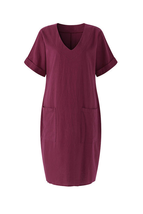 Arolora V-Neck Short Sleeve Pocketed Cotton Dress