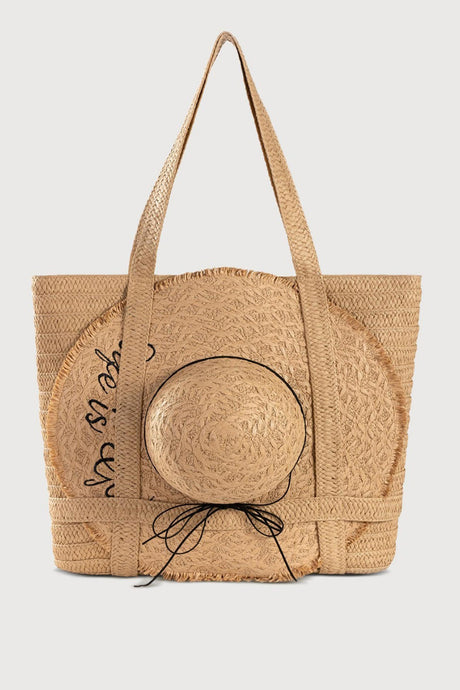 Arolora Handmade Solid Color Straw Bag With Hat