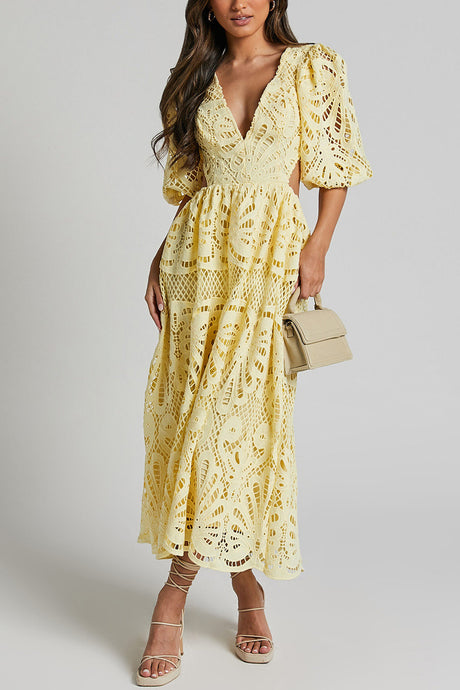 Arolora V-neck Lace Embroidery Hollow Waist Dress
