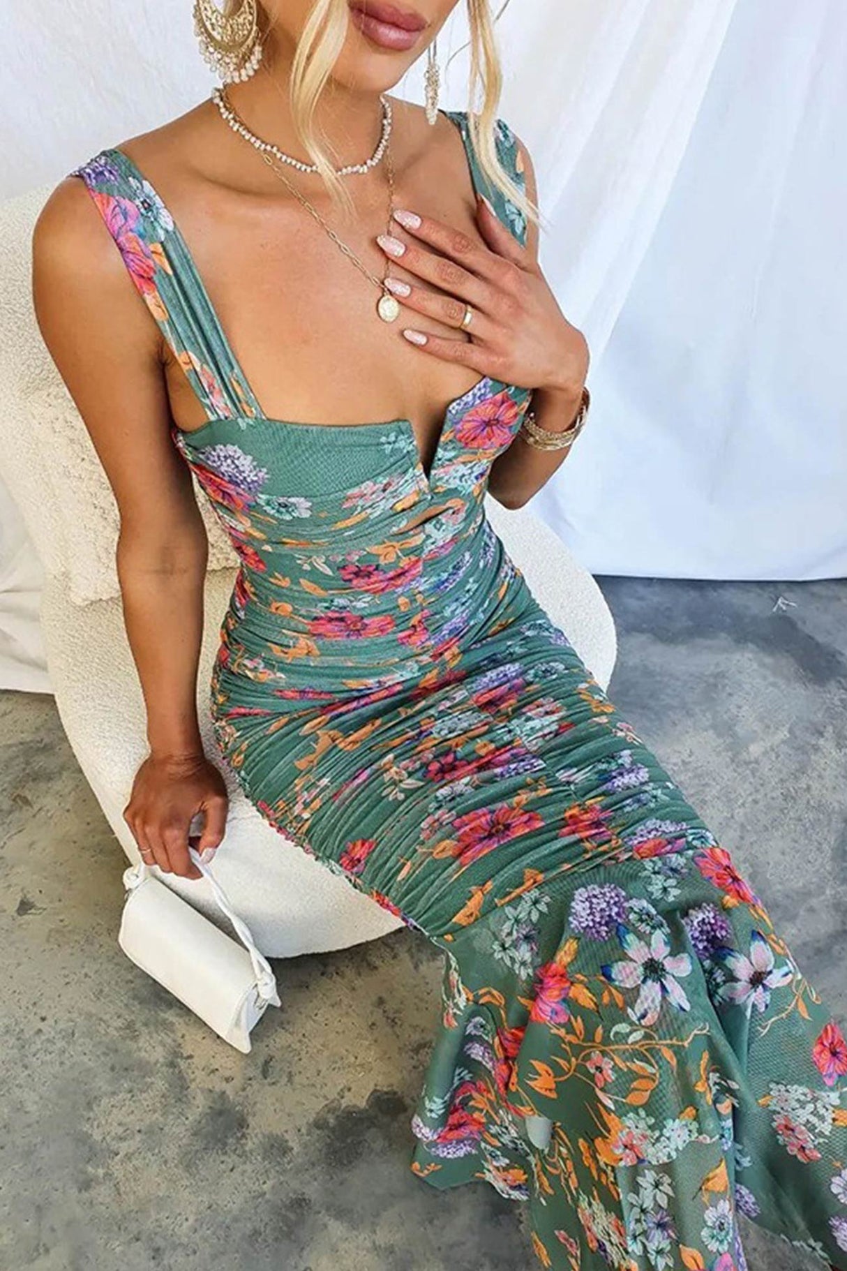 Arolora Floral Print Ruched Fishtail Dress