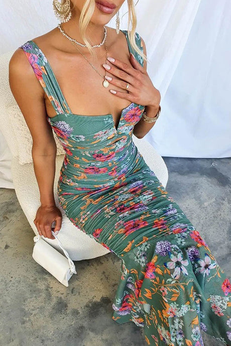Arolora Floral Print Ruched Fishtail Dress