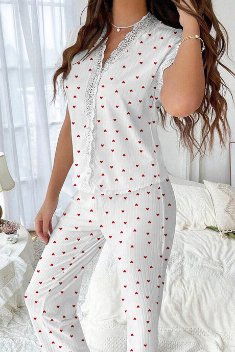 Arolora Lace Stitching Short-Sleeved Printed Loungewear