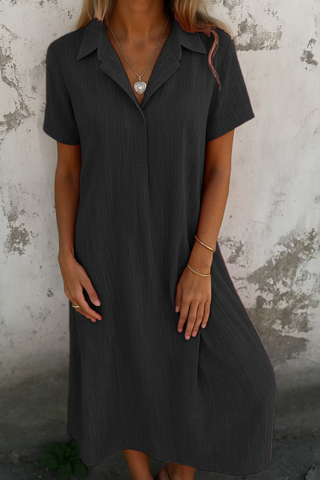 Arolora V-Neck Solid Color Short-Sleeve Shirt Dress