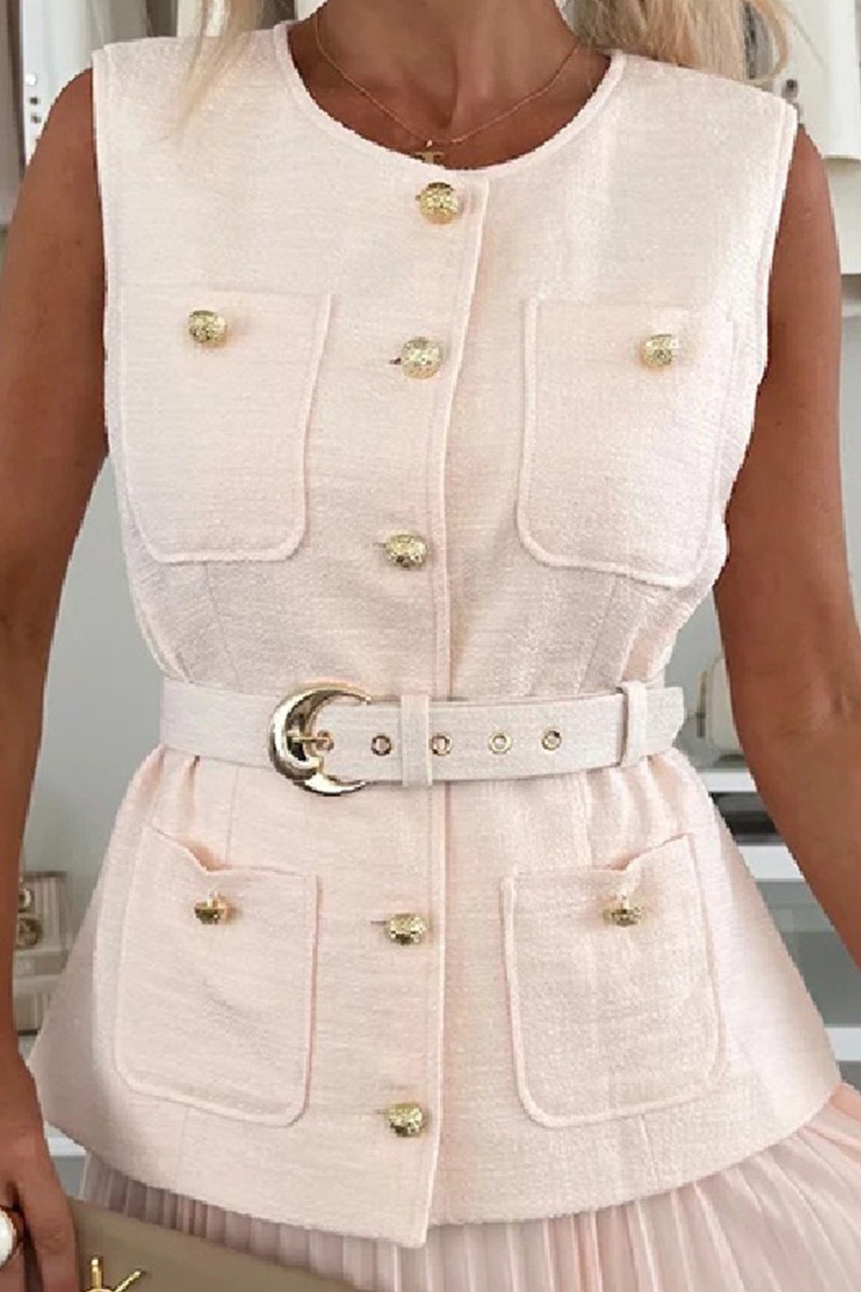 Arolora Button-down Tank Top Mesh Pleated Skirt Set