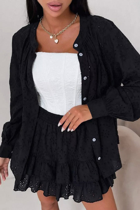 Arolora Hollow-out Jacquard Blouse Tiered Shorts Set