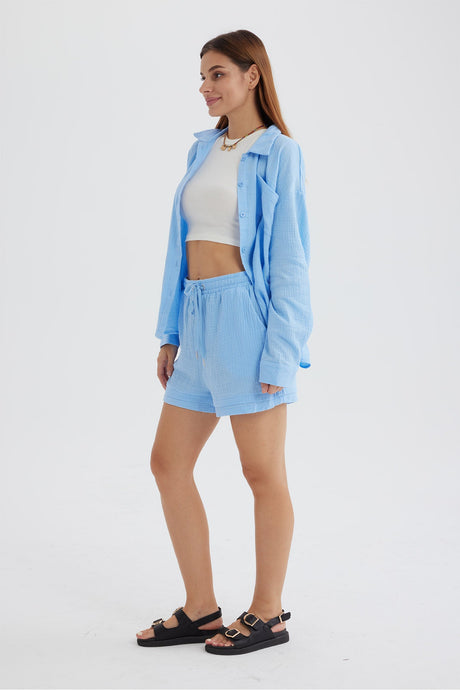 Arolora Long Sleeve Solid Color Shirt Shorts Set