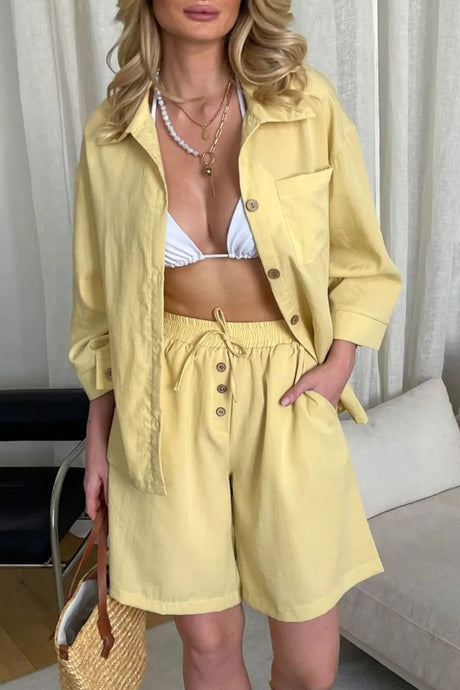 Solid Color Shirt Single-breasted Bermuda Shorts Set