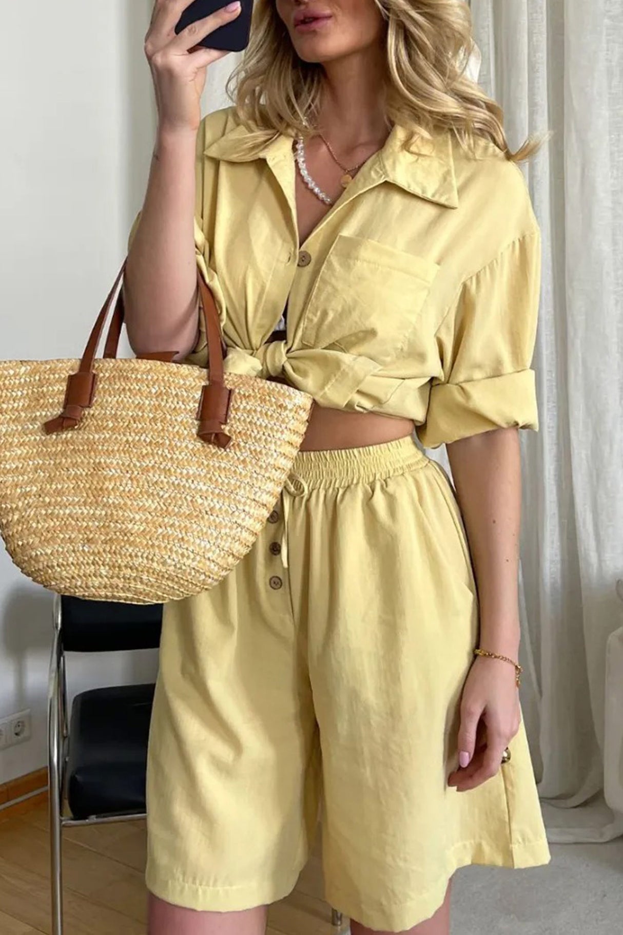 Solid Color Shirt Single-breasted Bermuda Shorts Set