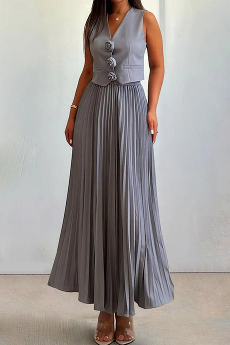 3D Floral Vest Pleated Maxi Skirt Set