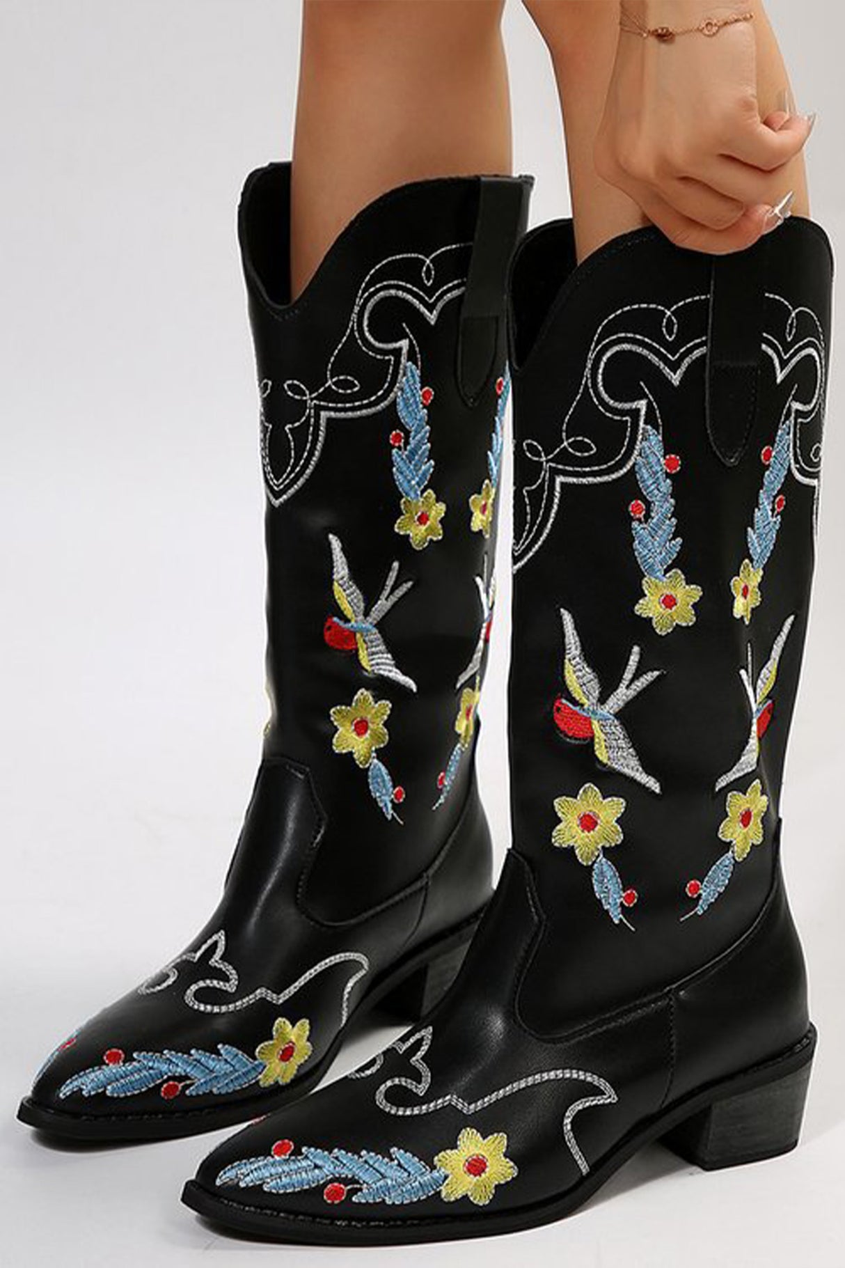 Floral Embroidery Square Toe Knee High Boots