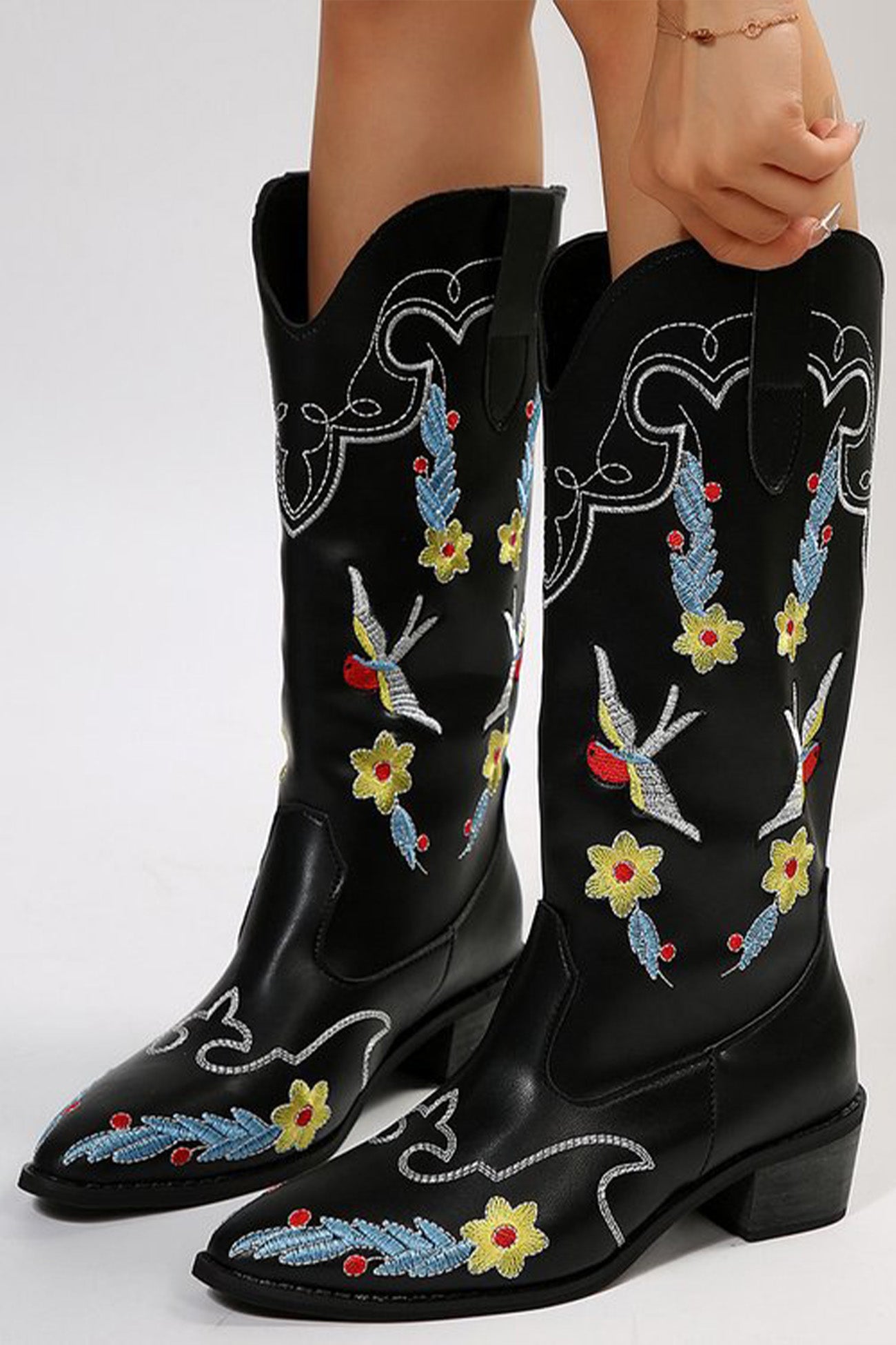 Floral Embroidery Square Toe Knee High Boots