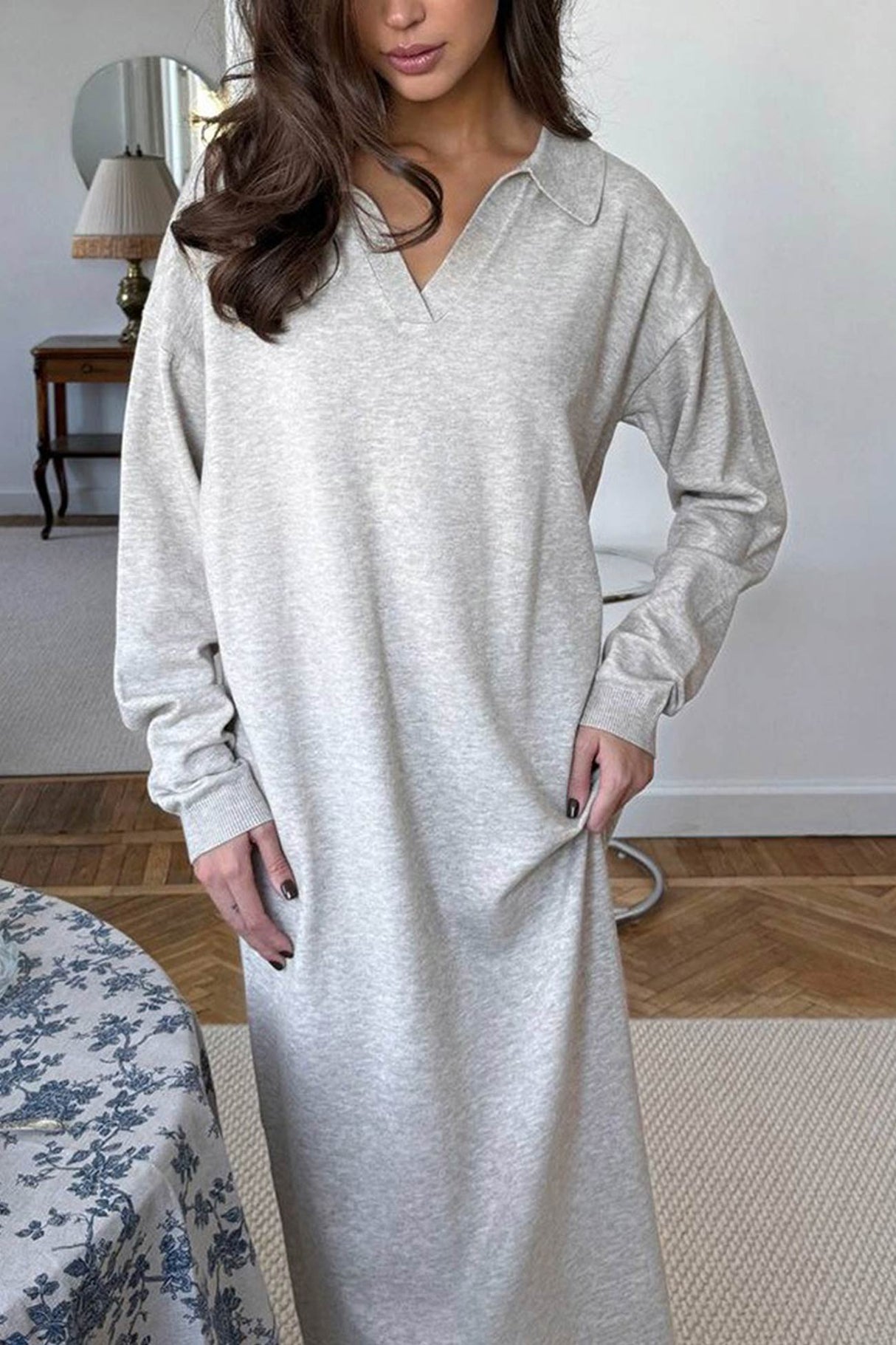 Lapel Long Sleeve Loose Knit Dress