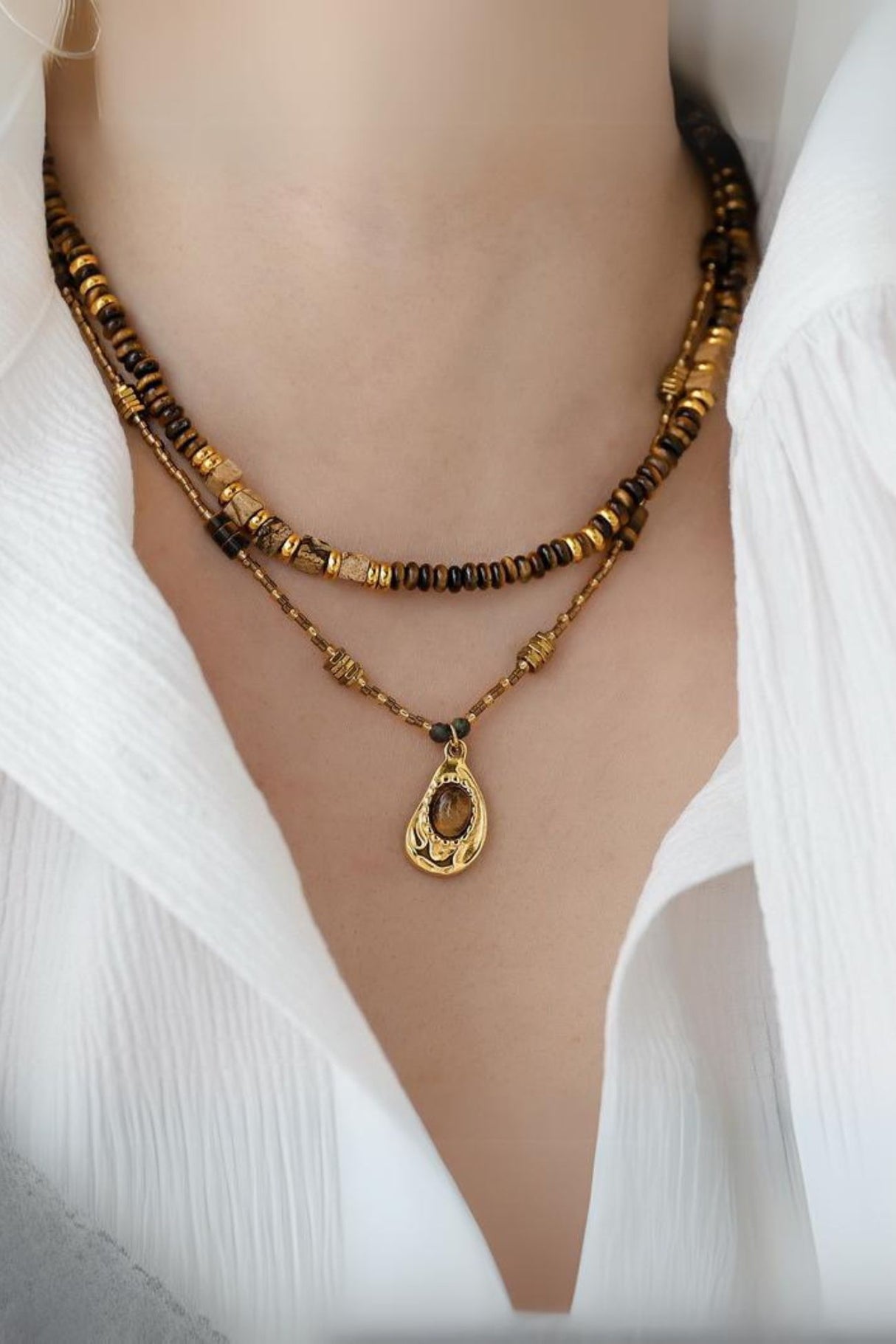 Retro Tiger Eye Stone Beaded Necklace