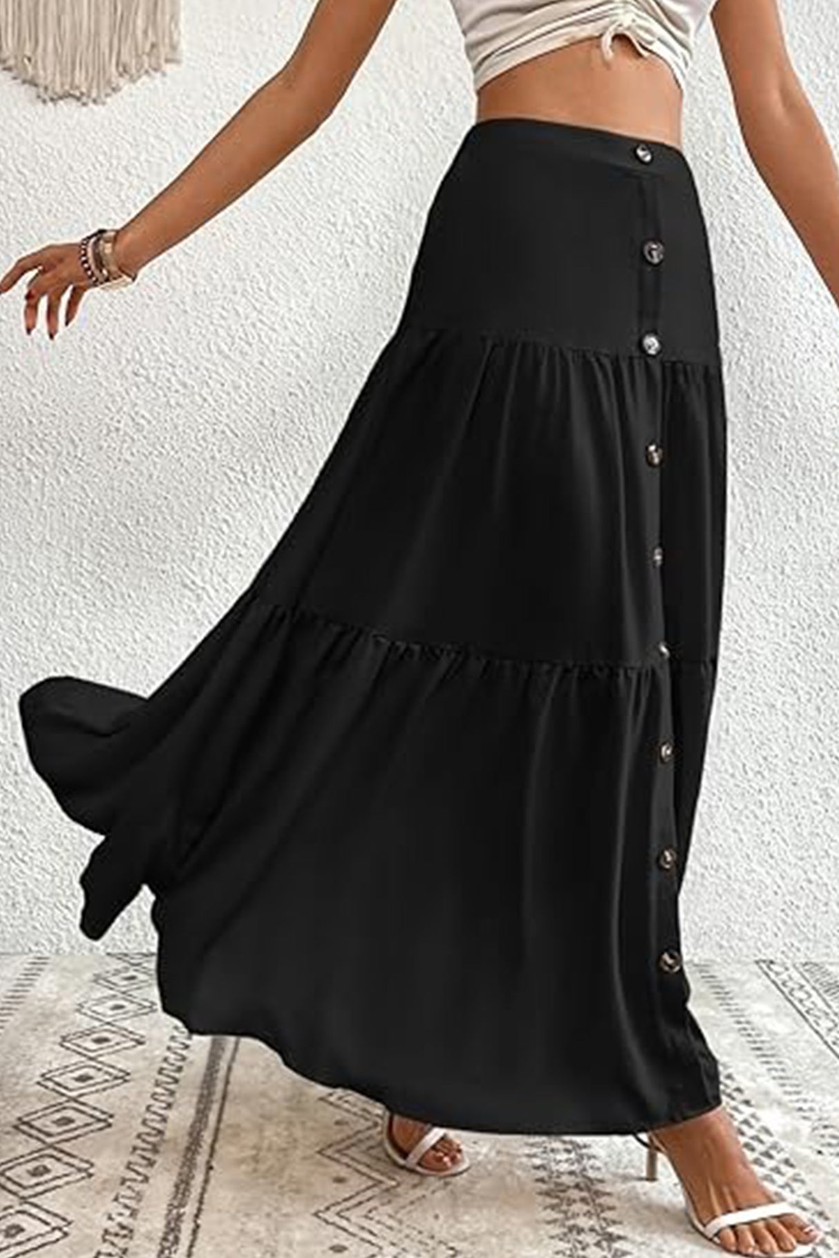 Single-breasted Solid Color Tiered Maxi Skirt