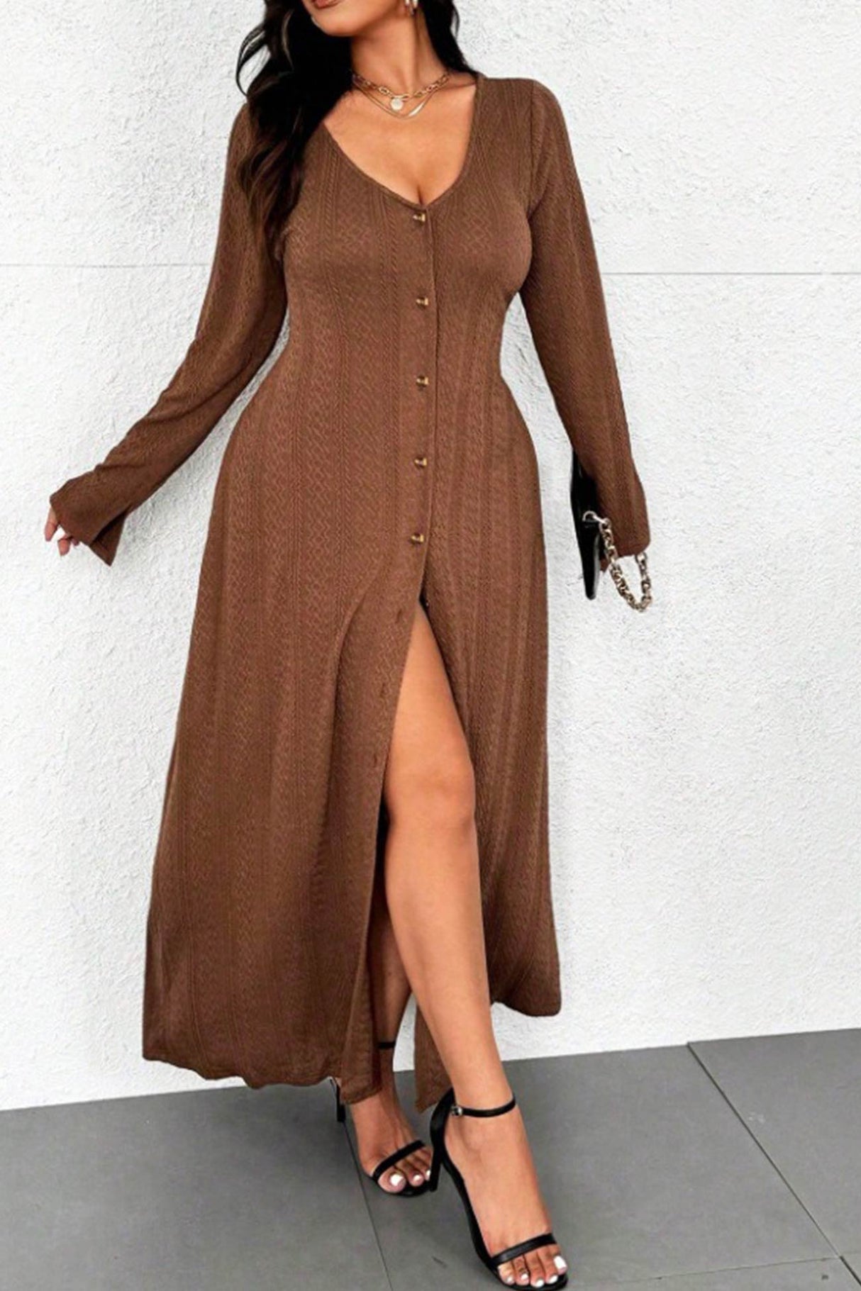 Flare Sleeve Single-breasted Knit Dress