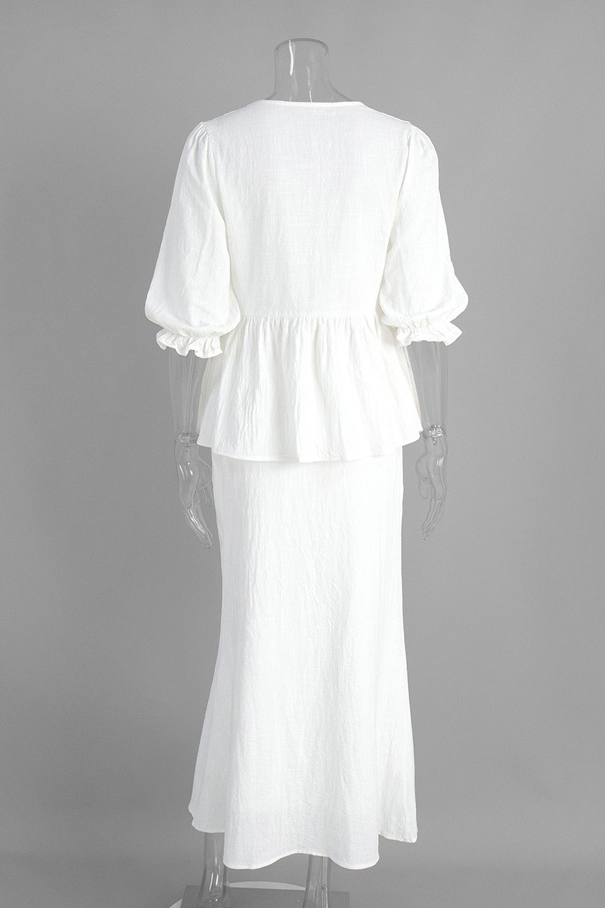 Puff Sleeve Tie-up Ruffle Cotton Shirt Skirt Set