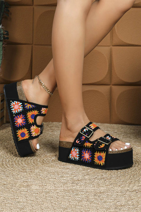Boho Floral Embroidery Platform Sandals
