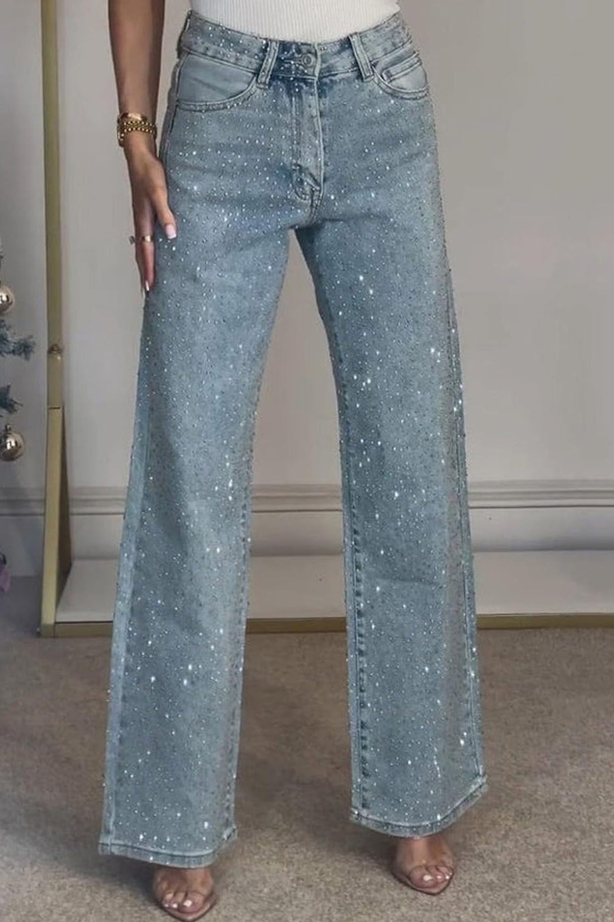 Rhinestone High Rise Straight Jeans