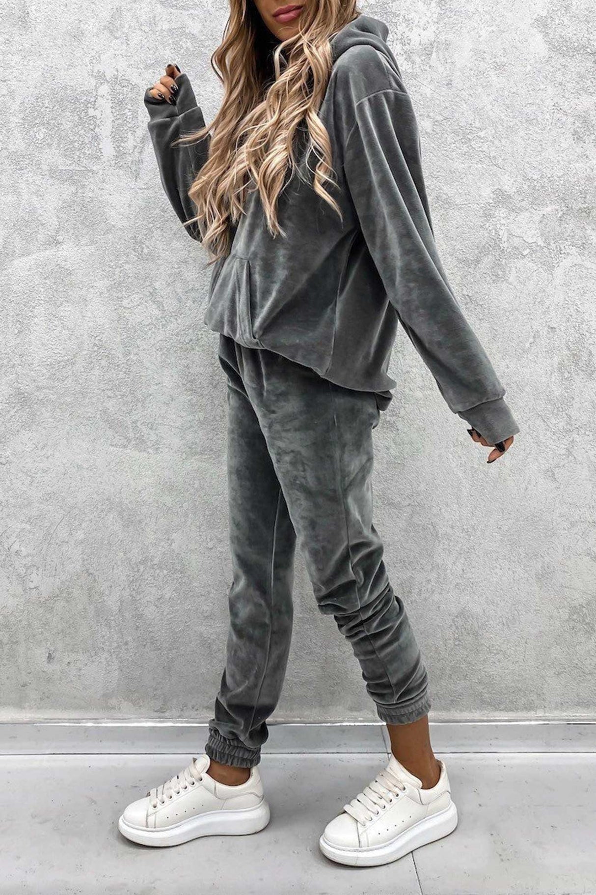 Velour Solid Color Hoodie Long Pants Set
