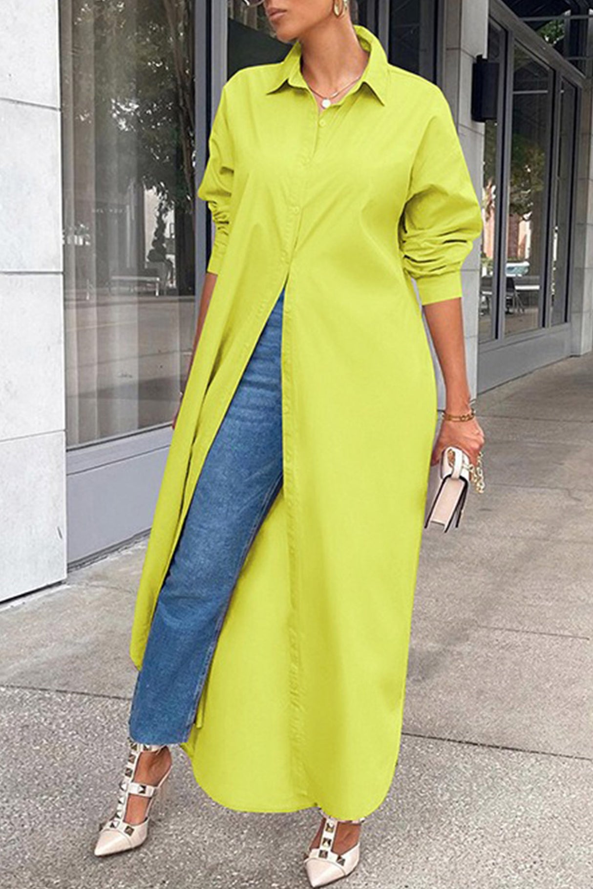 Solid Color Single-breasted Long Blouse