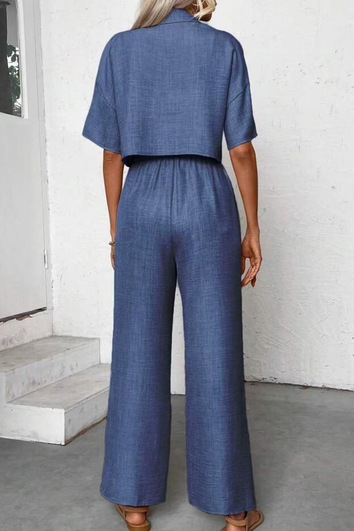Button-down Crop Shirt Long Pants Set