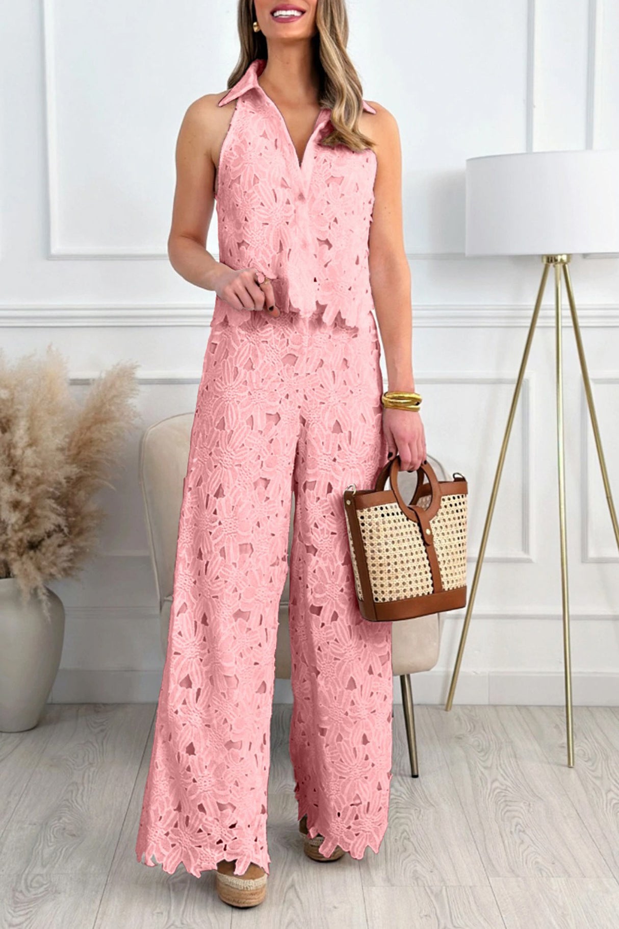 Lapel Hollow Out Lace Vest Pants Set