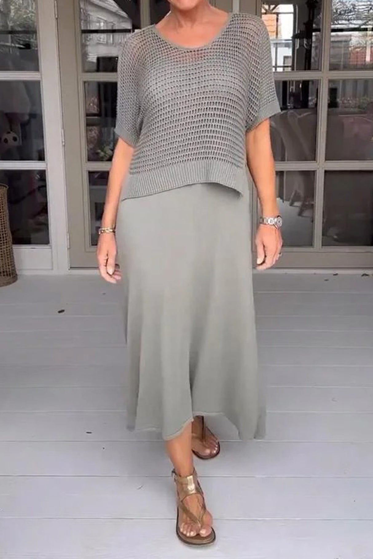 Hollow Out Knit Cover-up Tank Dress Two-piece Set