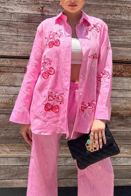 Embroidery Long Sleeve Two-piece Blouse Set